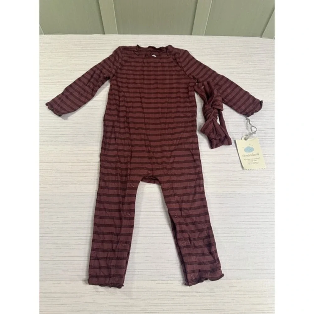 Cloud Island Baby Girls Romper Head Wrap Set 12M Maroon Striped Ribbed Knit NWT